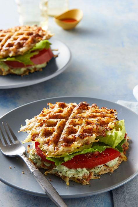 Tofu Cream, Waffle Sandwich Breakfast, Waffle Sandwiches, Vegan Waffles, Potato Waffles, Waffle Maker Recipes, Shredded Potatoes, Waffle Sandwich, Forks Over Knives