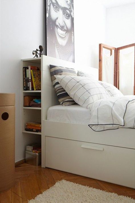 Tuck some shelving behind your bed. Great idea if you don't have a headboard! Brimnes Headboard, Space Saving Bedroom, Space Saving Beds, Bed Shelves, Small Bedroom Designs, Single Bedroom, Diy Headboard, Shelves In Bedroom, Headboard Storage