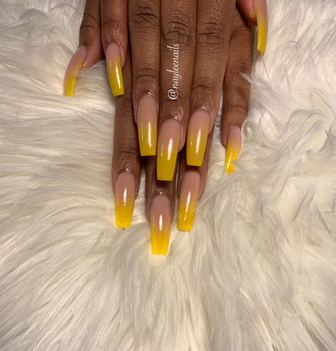 Yellow Ombre Nails Coffin, Golden Yellow Nails, Ombre Nails Yellow, Yellow Acrylic Nails Coffin, Bright Ombre Nails, Fall Yellow Nails, Yellow Ombré Nails, Yellow Coffin Nails, Yellow Gel Nails