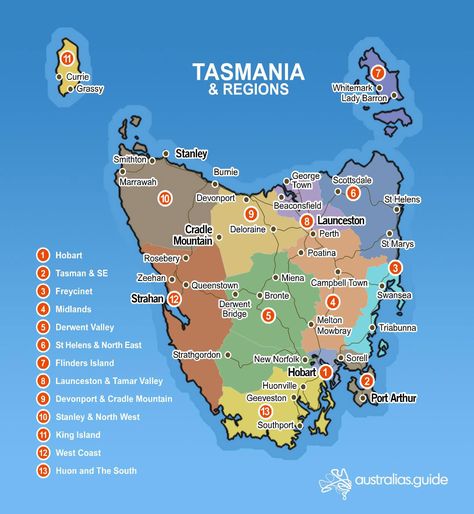 Map of Tasmania | Tasmania - Australia's Guide Australia Tourist Attractions, Map Australia, Tasmania Road Trip, Scuba Diving Australia, Tasmania Hobart, Tasmania Travel, Maps Of The World, Blue Mountains Australia, Bruny Island