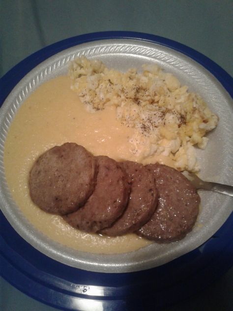 Grits, eggs, and sausage Food Therapy, Grits, Home Cooking, Clean Eating, Meat, Apartment