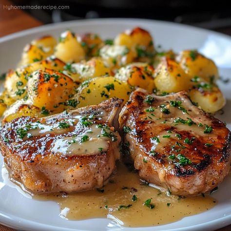 Garlic Butter Pork Chops with Cheesy Potato Bake - My Home Made Recipe Supper Ideas Pork Chops, Creamy Garlic Pork Chops With Cheesy Potatoes, Healthy Dinner Recipes With Pork Chops, Pork Chops And Cheesy Potatoes, Garlic Butter Pork Chops With Cheesy Potatoes, Garlic Butter Baked Pork Chops, Creamy Garlic Pork Chops With Cheesy Potato Bake, Sides For Pork Chops Easy, Easy Pork Dinners