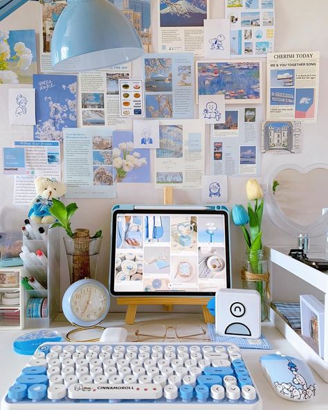 Grateful For Everything, Pocket Printer, Study Desk Decor, Blue Desk, Cozy Office, Desk Layout, 20k Followers, Study Room Decor, Cute Desk