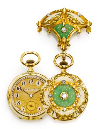 LeRoy & Fils AN ELEGANT YELLOW GOLD, ENAMEL AND DIAMOND OPEN-FACED PENDANT WATCH CASE 25867 CIRCA 1910  ||| sotheby's n09055lot76hp5en Bijoux Art Nouveau, Pendant Watch, Art Nouveau Pendant, Nouveau Jewelry, Pocket Watch Antique, Pendant Watches, Antique Watches, Antique Clocks, Art Nouveau Jewelry