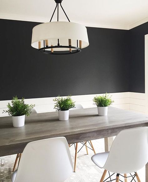 @Sherryhdesigns creates contrast in this minimalist dining room by adding Wrought Iron 2124-10 to her walls. Ceiling: White Dove OC-17. Wrought Iron Benjamin Moore, Benjamin Moore Wrought Iron, Paint Color Guide, Black Paint Color, Accent Wall Colors, Minimalist Dining Room, Paint Color Inspiration, Kitchen Paint Colors, Wall Paint Colors