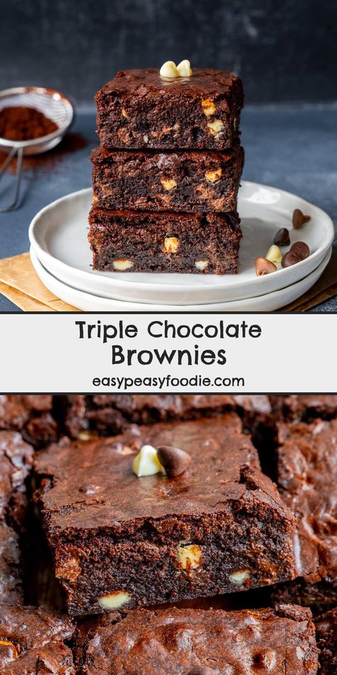 How do you make brownies better? Add chocolate chips! These Triple Chocolate Brownies include dark chocolate chips, milk chocolate chips AND white chocolate chips. WARNING: they are somewhat irresistible! #brownies #triplechocolate #chocolatechips #chocolatechipbrownies #easybrownies #quickbrownies #triplechocolatebrownies #vegetarian #easyentertaining #easypeasyfoodie #cookblogshare Triple Chocolate Brownies, Cocoa Powder Brownies, Chocolate Chip Brownies, Uk Food, Bake Sale Recipes, Tasty Chocolate Cake, Recipe Community, Pudding Cake, Food Heaven