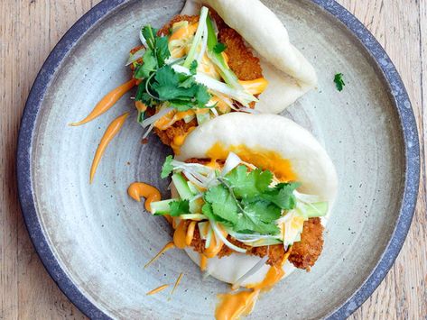 Crispy Chicken Bao (Recipe & Ingredients) | School of Wok Korean Fried Chicken Bao, Bao Recipe, Steamed Bao Buns, Steamed Bao, Crunchy Chicken, Bao Buns, Korean Fried Chicken, Bun Recipe, Steamed Buns