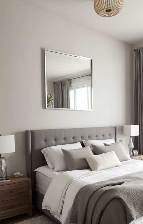 Bedroom Inspiration Grey, Grey Upholstered Bed, White Sofa Living Room, Grey Bed, Statement Mirror, Sophisticated Bedroom, Future Apartment Decor, Master Room, Wardrobe Design Bedroom