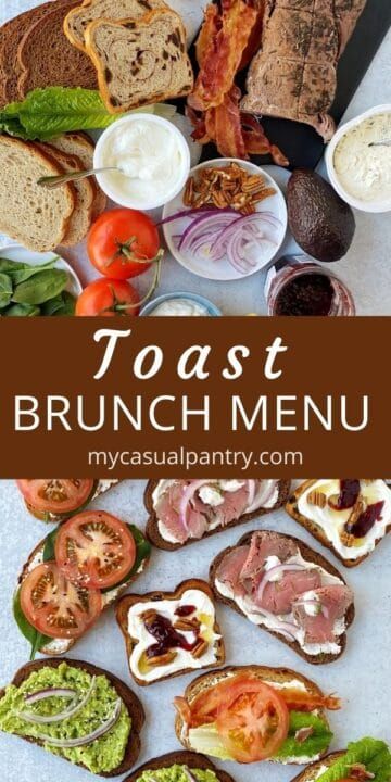 Mini Toast Appetizers Brunch Ideas, Toast Ideas For Breakfast, Breakfast Toast Bar, Toast Bar Ideas, Brunch Toast Ideas, Gourmet Brunch Ideas, Fancy Toast Recipes, Toast Bar Brunch, Toast Party Ideas