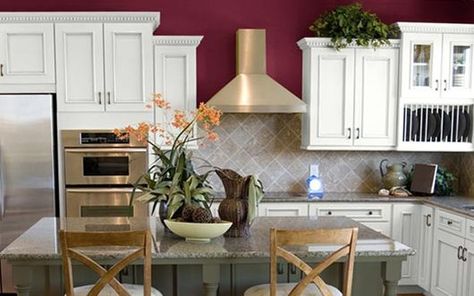 I painted my kitchen with Bright Black Raspberry Wall Color with white cabinets and its just beautiful. Raspberry Kitchen Walls, Wall Color Bathroom, Raspberry Kitchen, Bathroom Wall Color, Bathroom Wall Colors, Color Bathroom, Kitchen Walls, Black Raspberry, Reno Ideas