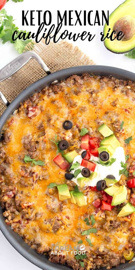 This Mexican Cauliflower Rice is a one pan wonder! It's an easy keto skillet meal that takes 8 ingredients and only 25 minutes to make. And the whole family loves it. Easy One Pan Dinner, Mexican Cauliflower Rice, Mexican Cauliflower, Cauliflower Rice Easy, Keto Main Dishes, Keto Casseroles, Low Carb Mexican, Cauliflower Rice Recipes, Keto Beef