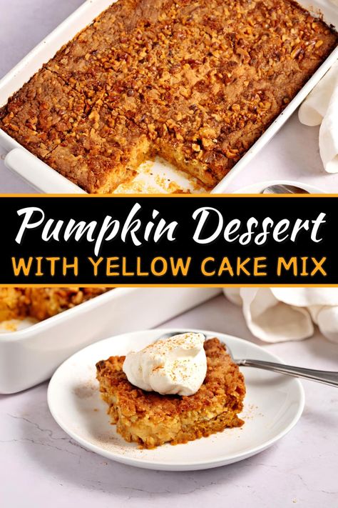 Indulge in the flavors of fall with a slice of this pumpkin dessert with yellow cake mix. It may not have an exciting name, but it's insanely good! Pumpkin Dessert With Yellow Cake, Yellow Cake Mix And Pumpkin, Yellow Cake Mix Pumpkin, Yellow Cake Mix Desserts, Pumpkin Pie Cake Recipe, Pumpkins Recipes, Pumpkin Pecan Coffee Cake, Cake Mix Pumpkin, Pumpkin Cake Mix