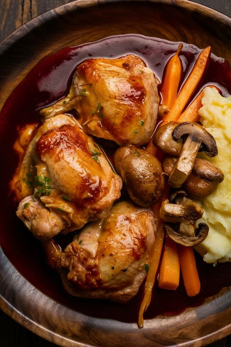 Roasted chicken thighs with gravy, served with carrots, mushrooms, potatoes, and mashed potatoes on a wooden plate. Easy Coq Au Vin, Food Black People, Red Wine Mushrooms, Wine Mushrooms, Coq Au Vin Recipe, France Food, Chicken Marinade Recipes, French Dishes, Food Garnishes