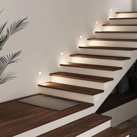 Staircase Lighting Ideas Stairways, L Stairs Design, Simple Stairs Design, Steps Design Interior Stairs, Simple House Interior, Staircase Wall Design, Contemporary Staircase Design, Stair Lights Indoor, Staircase Light