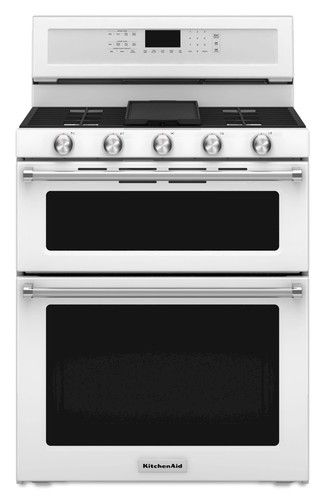 KFGD500EWH 30-inch 5 Burner GAS Double Oven Convection Range - White Double Oven Stove, Double Oven Gas, Freestanding Double Oven, Double Oven Range, Major Kitchen Appliances, Convection Range, Convection Cooking, Gas Oven, Oven Range