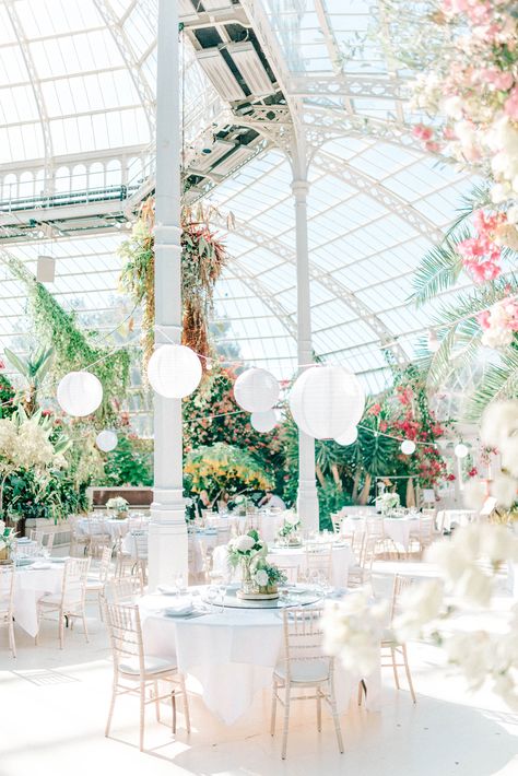 White Flower & Foliage Wedding Decor // Giselle Dress By Anna Campbell Sefton Park Palm House Wedding Photography By Sarah Jane Ethan Palm House Wedding, Foliage Wedding Decor, Wedding Summer Dress, Sefton Park, Glass House Wedding, Giselle Dress, Palm House, Beautiful Wedding Reception, Anna Campbell