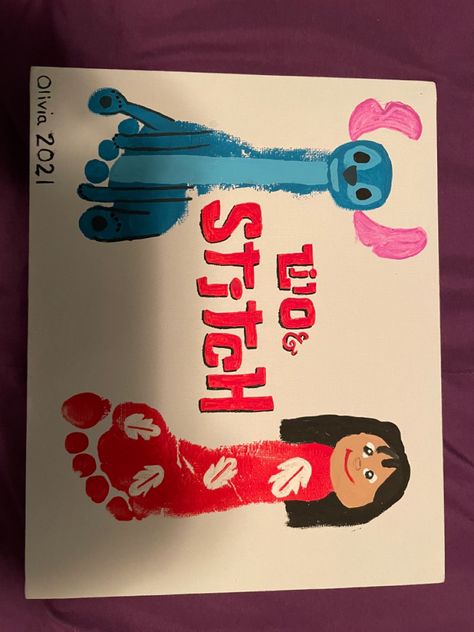 Lilo And Stitch Crafts Preschool, Disney Character Handprint Art, Stitch Footprint, Mickey Mouse Footprint Art, Disney Crafts For Infants, Disney Infant Crafts, Disney Footprint Art, Lilo And Stitch Crafts, Scrump Lilo And Stitch