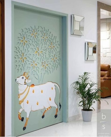 Painting For Entrance Wall, Kitchen Remodel Indian, Vastu Paintings For Home Entrance, Puja Room Wall Design, Puja Room Door Design Indian Modern, Vastu Paintings For Home, Indian Room Decor, House Wall Design, India Home Decor