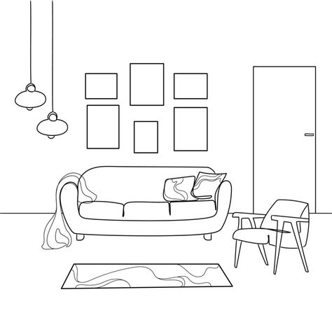 Furniture Sketches Drawings, Modern Interior Design Black, Drawing Of Living Room, Simple House Interior Design, Interior Design Black, Minimalistic Living Room, Bedroom Illustration, Interior Design Sketchbook, Fabric Store Design