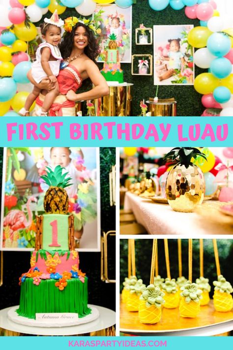 Luau Party Ideas First Birthday, Luau Theme First Birthday Party, Hawaiian One Year Old Party, Hawaiian First Birthday Party Girl, Luau 1st Birthday Party Girl, Aloha One Birthday Party, Luau First Birthday Girl, First Luau Birthday Party, Hawaiian First Birthday