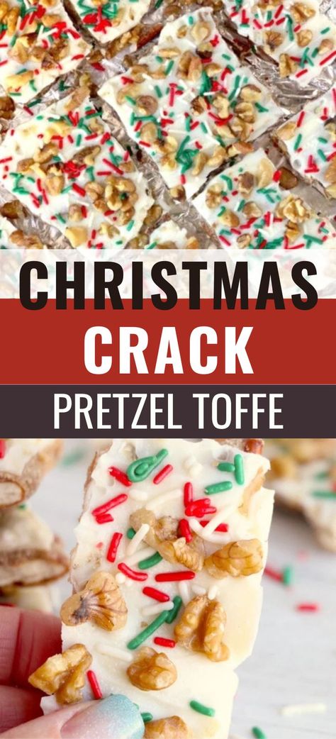 Collage of Christmas crack pretzel toffee at top and bottom. Pretzel Toffee Recipe, Ritz Cracker Dessert, Homemade Toffee Recipe, Ritz Cracker Toffee, Cracker Dessert, Ritz Cracker Recipes, Pretzel Toffee, Homemade Toffee, Cracker Toffee