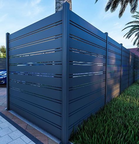 Aluminum Fence Ideas, Modern Molding, Slat Fencing, Slat Fence, Horizontal Slat Fence, Concrete Bags, Fence And Gate, Fence Wall Design, Wood Stake