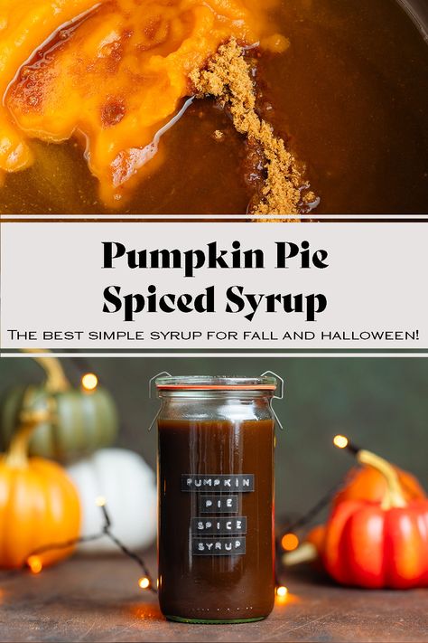 This Pumpkin Spice Simple Syrup is the ultimate fall syrup for any drink! It's perfect for any Halloween or Thanksgiving cocktails and mocktails, but it's also delicious in lattes, hot chocolate, or even drizzled on pancakes! Making homemade pumpkin syrup is really easy, simple, budget-friendly, and so much better than store-bought! Pumpkin Maple Syrup, Halloween Party Cocktails, Pumpkin Spice Latte Syrup, Pumpkin Spice Syrup Recipe, Homemade Pumpkin Spice Syrup, Homemade Syrups, Pumpkin Spice Cocktail, Pumpkin Pie Syrup, Simple Syrup Recipe