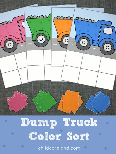 Dump truck themed color sorting activity for preschool and kindergarten. Construction Theme Preschool, Preschool Construction, Heart Alphabet, Color Sorting Activities, Teaching Mama, Transportation Activities, Community Helpers Theme, Cognitive Activities, Community Helpers Preschool