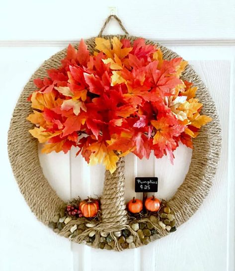 Fall Foam Wreath Ideas, Wire Fall Wreath Diy, Fall Wreaths For Front Door Dollar Tree, Dallor Tree Diy Craft Ideas Fall, Fall Dollar Tree Wreath, Fall Wire Wreaths Diy, Diy Tree Of Life Wreath, Dollar Tree Tree Of Life Wreath Diy, Thanksgiving Wreaths Diy Dollar Stores