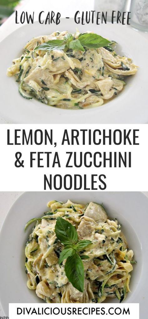 Zucchini noodles and artichoke in a lemon and feta sauce is a perfect lunch for a summers day.      #keto #zucchini #lowcarb #artichoke #grainfree Lemon Noodles, Noodles Sauce, Feta Sauce, Keto Vegetables, Keto Diet Vegetables, Recipes Zucchini, Macro Recipes, Taco Spaghetti, Keto Zucchini