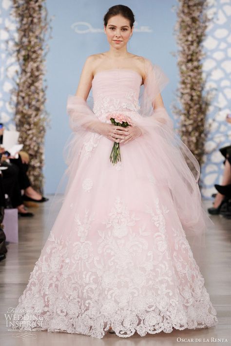 www.oscardelarenta.com, Oscar de la Renta 2014 bridal pink tulle gown ivory flowers pink wrap Blush Wedding Dress, Pink Gown, Wedding Dresses 2014, Pink Wedding Dress, Pink Wedding Dresses, 2015 Wedding Dresses, 2016 Trends, Mod Wedding, Jenny Packham