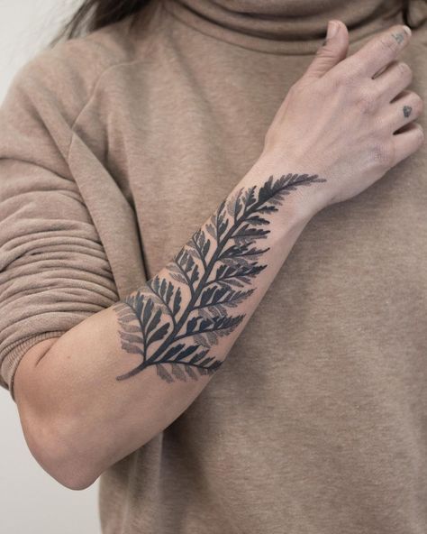 Fern Geometric Tattoo, Blackwork Fern Tattoo, Plant Tattoo Ideas For Men, Forearm Fern Tattoo, Tattoo Ideas Botanical, Fern Forearm Tattoo, Fern Tattoo Men, Fern Arm Tattoo, Nature Forearm Tattoo