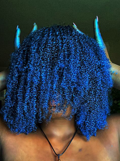 Blue Black 4c Hair, Blue Afro Aesthetic, Blue Afro Hair Black Women, Dyed Curly Hair Ideas Colour Blue, Blue Afro Hair, Coily Hair Care, Blue Natural Hair, Blue Afro, Loc Colors