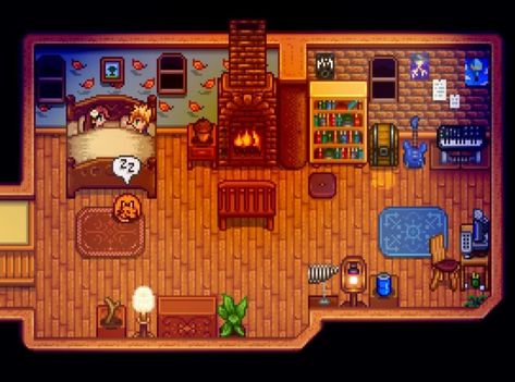 Goodnight Husband & Kitty >Stardew Valley>House Interior Decoration Design Layout>House Upgrade 1>Spouse's Room>Marriage Candidate>Sam>By: LadyAmalthea Stardew Valley Spouse Rooms, Stardew Valley Sam And Farmer, Goodnight Husband, Valley House Design, Stardew Valley House Design, Stardew Valley Interior, Stardew Valley Interior Design, Stardew Interior, Stardew Valley House Interior