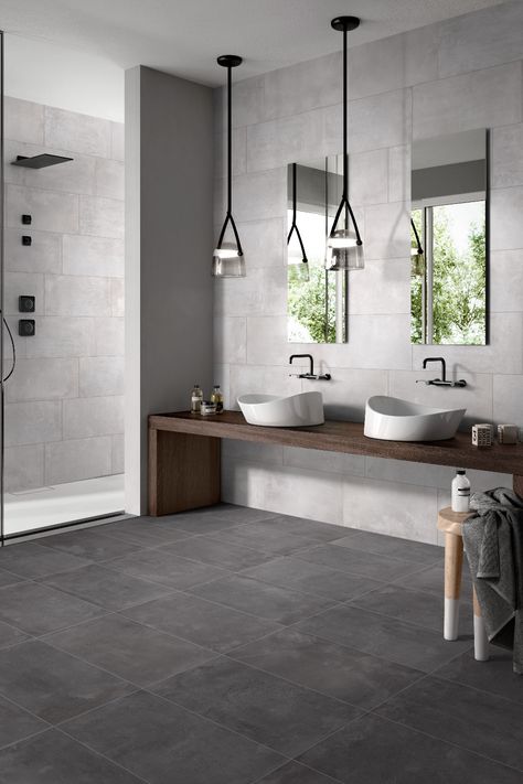 Porcelain Concrete Look Tile, Concrete Look Bathroom Tiles, Concrete Tile Bathroom Ideas, Dark Grey Floor Bathroom, Large Gray Tile Bathroom, Gray Tiles For Bathroom, Grey Tile Bedroom, Dark Gray Shower Tile, Concrete Shower Ideas