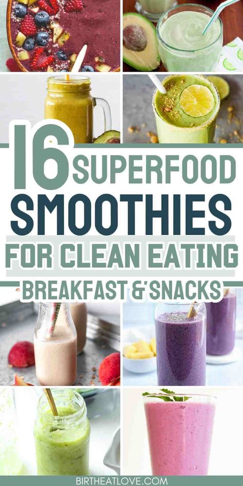 Blend up some unique superfood smoothie recipes for Summer. These healthy smoothies are loaded with super foods like chia, hemp seeds, acai, coconut and even tofu. Try these superfood smoothies for nutritious and delicious breakfasts or snacks. Great healthy drinks for clean eating diet. Healthy Beverages Clean Eating, Whole Food Smoothies, Dr Livingood Smoothie Recipes, Clean Eating Smoothie Recipes, Breakfast Smoothie Healthy Fat Burning, Healthiest Smoothie Recipes, Summer Protein Smoothie, Clean Smoothie Recipes, Super Food Smoothies