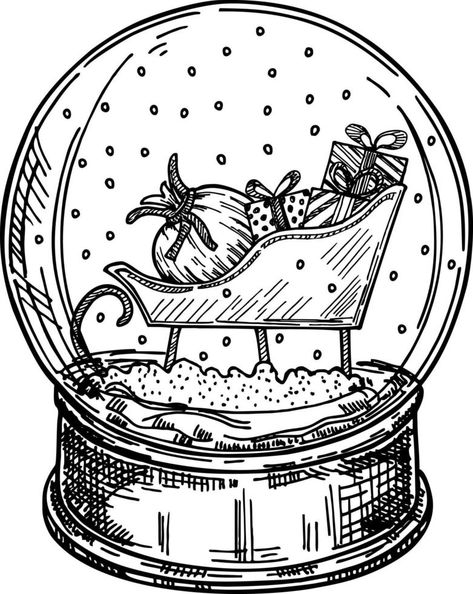 Crystal ball, snowball with Santa's sleigh, spruce inside, falling snow, holiday decoration, sketch vector illustration Christmas Window Painting, Ball Drawing, Snow Holiday, Falling Snow, Santa's Sleigh, Vector Sketch, Hello Winter, Santa Sleigh, Christmas Drawing