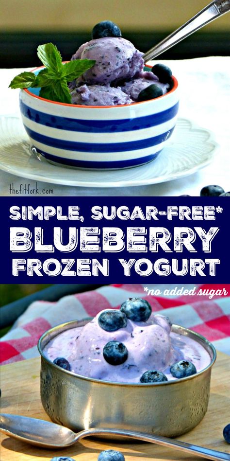 Simple Sugar Free Blueberry Frozen Yogurt -- a healthy treat and option to ice crean that has 57 calories per half-cup serving and 5 grams protein with less than 1g fat and 6g net carb. Blueberry Frozen Yogurt, Greek Yogurt Popsicles, Frozen Yogurt Blueberries, Berry Desserts, Frozen Greek Yogurt, Frozen Yogurt Recipes, Fro Yo, Sorbet Recipe, Dum Dums