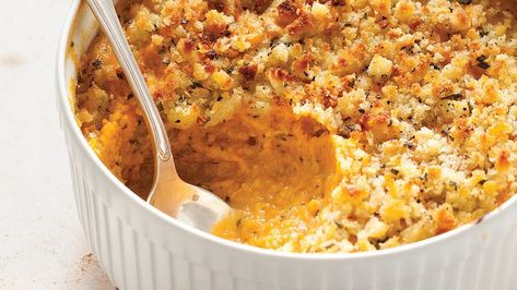 Sage adds a savory note to sweet-potato casserole. Best of all: It can be made two days before the meal. Thanksgiving Potluck Recipes, Thanksgiving Potluck, Nacho Bar, Vegetarian Casserole, Martha Stewart Recipes, Sage Butter, Potluck Recipes, Thanksgiving Side Dishes, Sweet Potato Casserole