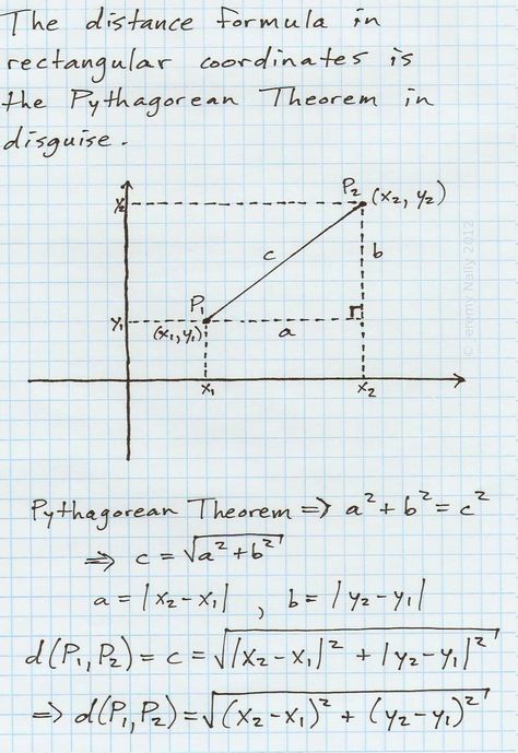 The distance formula in rectangular (Cartesian) coordinates is the Pythagorean Theorem in disguise.  A lot of my students like this explanation.  It helps build off of knowledge that they already have from geometry. Algebra Tips, Pasta Sticks, Text Structure Worksheets, Math Exam, Cartesian Coordinates, Coordinate Geometry, Geometry Formulas, Distance Formula, Teaching Geometry