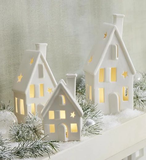 Christmas Ceramic Houses, White Ceramic Houses Christmas, Christmas Decor Ideas For Living Room Cozy, White Christmas Houses, Modern Organic Christmas, Ceramic Houses Christmas, Ceramic Christmas Village, House Lights, Ceramic Christmas Decorations