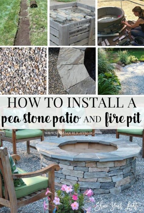 How to install a pea stone patio and build a stone veneered fire pit, from start to finish. Pea Stone Patio, Patio Step, Patio And Fire Pit, Pea Stone, Diy Fire Pit Ideas, Diy Patio Ideas, Stone Patio Designs, Pea Gravel Patio, Fire Pit Landscaping