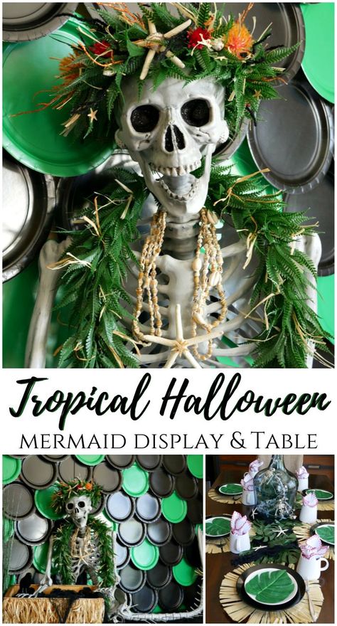 Tropical Halloween Mermaid Display and Table Decor Ideas. #ad #OTCSkeletonSquad #halloweenideas #halloweendecor #halloweenskeleton #mermaidskeleton @orientaltrading #OTCHalloween #orientaltrading Mermaid Skeleton Decor, Haunted Ocean Halloween, Mermaid Skeleton Halloween Decor, Haunted Tiki Party, Spooky Island Party, Spooky Luau, Haunted Luau, Mermaid Display, Halloween Luau