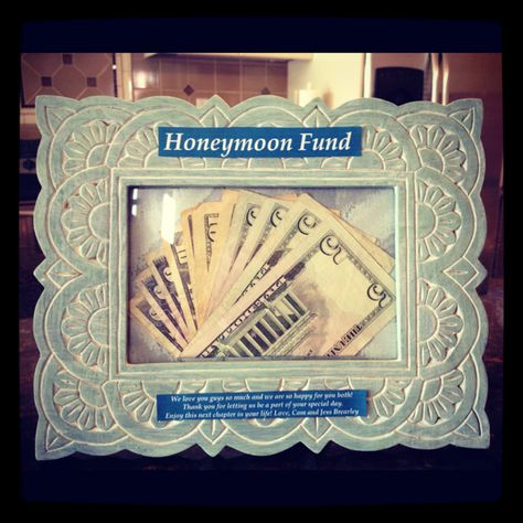 Honeymoon Fund: A gift my husband and I gave to his brother and wife. Instead of wasting money on a card buy a frame for a couple bucks more and place the money inside. Then I just printed out "honeymoon fund" and a little message and taped them on the frame. Simple. Gift Money Wedding, Money Frame, Wedding Gift Money, Money Gifts, Creative Money Gifts, Honeymoon Fund, Wedding Money, Diy Money, Diy Holiday Gifts