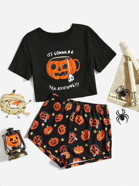 Halloween Pumpkin And Slogan Graphic PJ Set Cute Pj Outfits, Pj Outfit, Halloween Pjs, Pajamas Aesthetic, Casual Dresses Plus Size, Womens Pjs, Cute Pjs, Halloween Pajamas, Cute Sleepwear