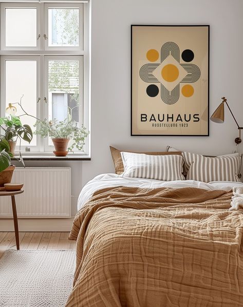 Add a touch of modern elegance to your space with the 'Golden Symmetry' Bauhaus Poster! ✨ This geometric masterpiece, inspired by the Bauhaus movement, features clean lines and bold golden hues, creating a perfect blend of balance and sophistication. Whether you’re decorating a contemporary living room, office, or bedroom, this high-quality print enhances your interiors with minimalist charm and artistic flair. Ideal for gallery walls or as a standalone piece, the 'Golden Symmetry' poster is ... White Colorful Bedroom, Bauhaus Room, Bauhaus Bedroom, Symmetry Poster, Colorful Bedroom, Bauhaus Movement, Bauhaus Poster, The Bauhaus, Bauhaus Style