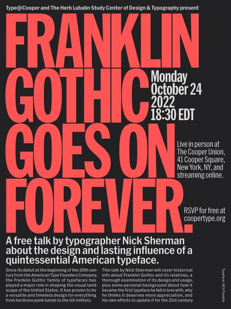 ‘Franklin Gothic Goes on Forever’ lecture flyers - Fonts In Use Edgy Fonts, Typeface Poster, Gothic Type, Herb Lubalin, Metal Font, Horror Font, Gothic Font, Gothic Fonts, Halloween Fonts