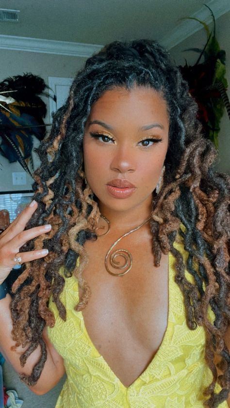 Loc Knot Hairstyles, Yellow Locs Black Women, Modern Gypsycore Fashion, Loc Colors, Colored Locs, Loc Hairstyles, Beautiful Locs, Beautiful Dreadlocks, Dreadlock Styles