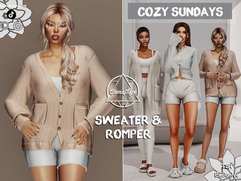 The Sims Resource - Cozy Sundays Loungewear Collection - Romper with a Sweater Loungewear Sims 4 Cc, Sims 4 Comfy Clothes, Sims 4 Romper, Sim4 Clothing, Sims4 Clothing, Ts4 Clothes, Sims Download, Sims 4 Piercings, Clothes Cc