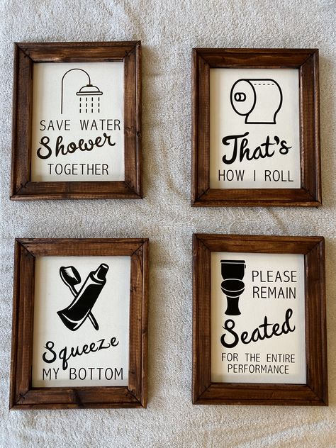 Bathroom Decor Cricut Ideas, Toilet Frames Ideas, Funny Bathroom Signs Diy, Rustic Restroom Ideas, Diy Bathroom Decor Ideas Wall Art, Bathroom Theme Ideas, Bathroom Theme, Toilet Room Decor, Aesthetic Interior Design